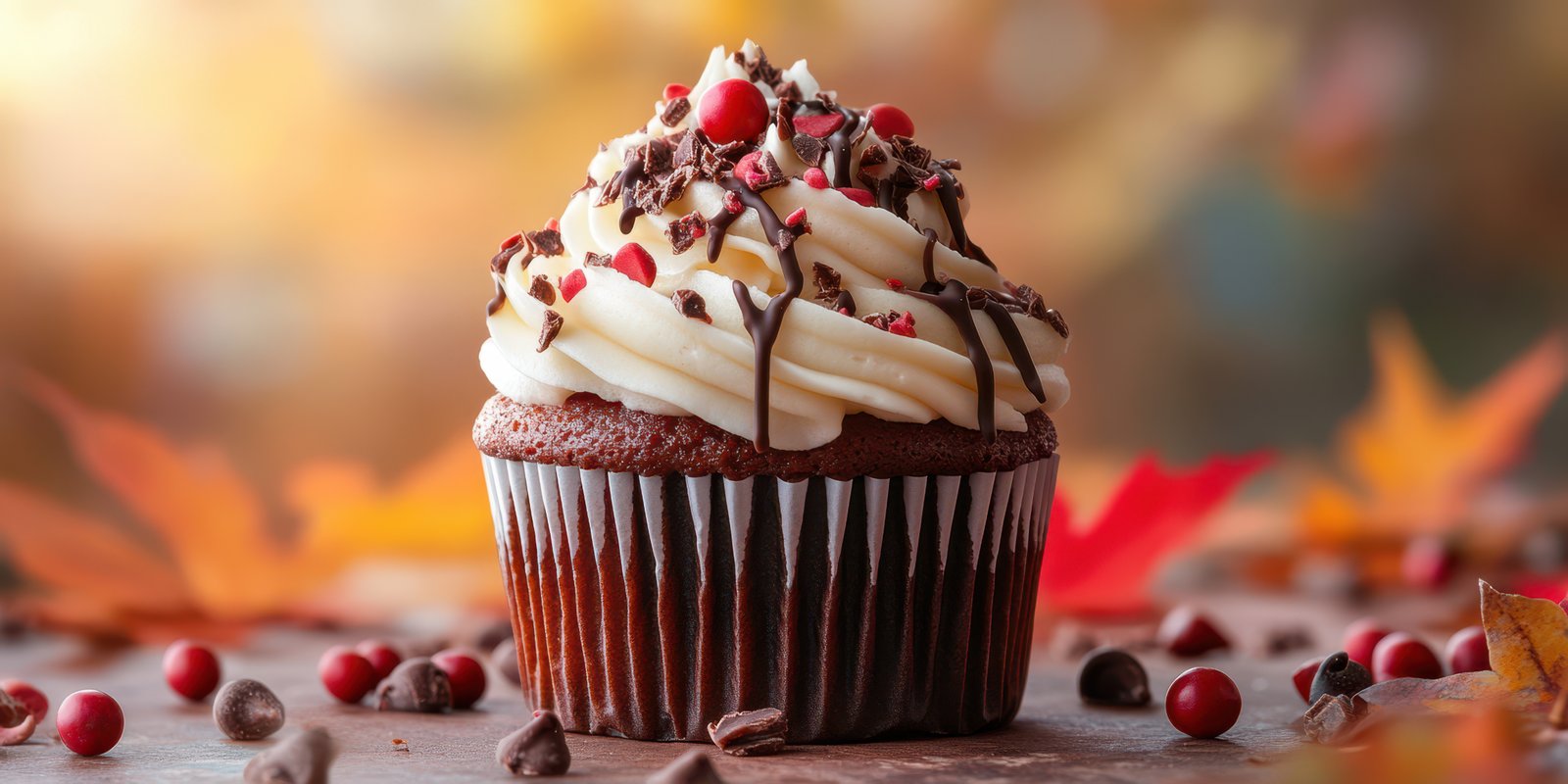 Delicious chocolate cupcake with creamy frosting and festive toppings during autumn season on a rustic table
